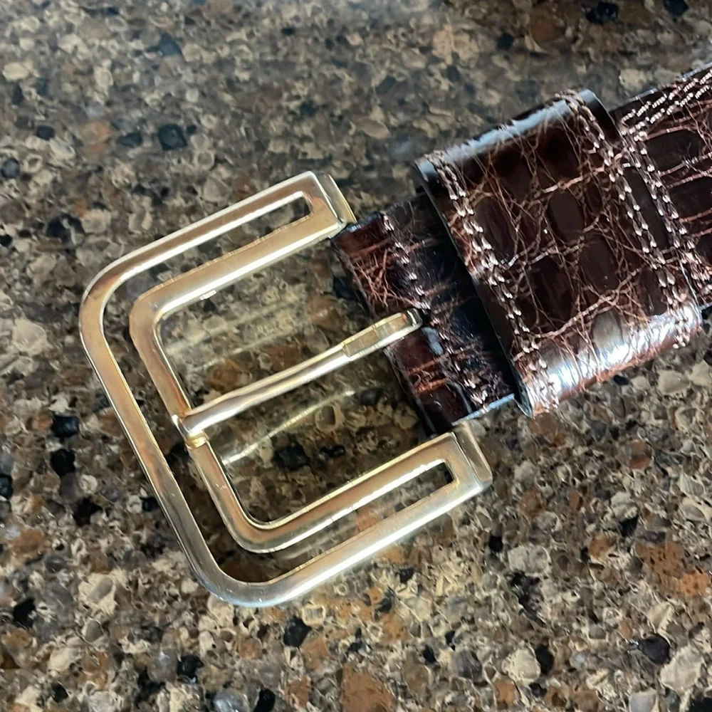 Pierre Cardin Paris France Brown Leather Crocodile Veritable Gold Belt Size 85